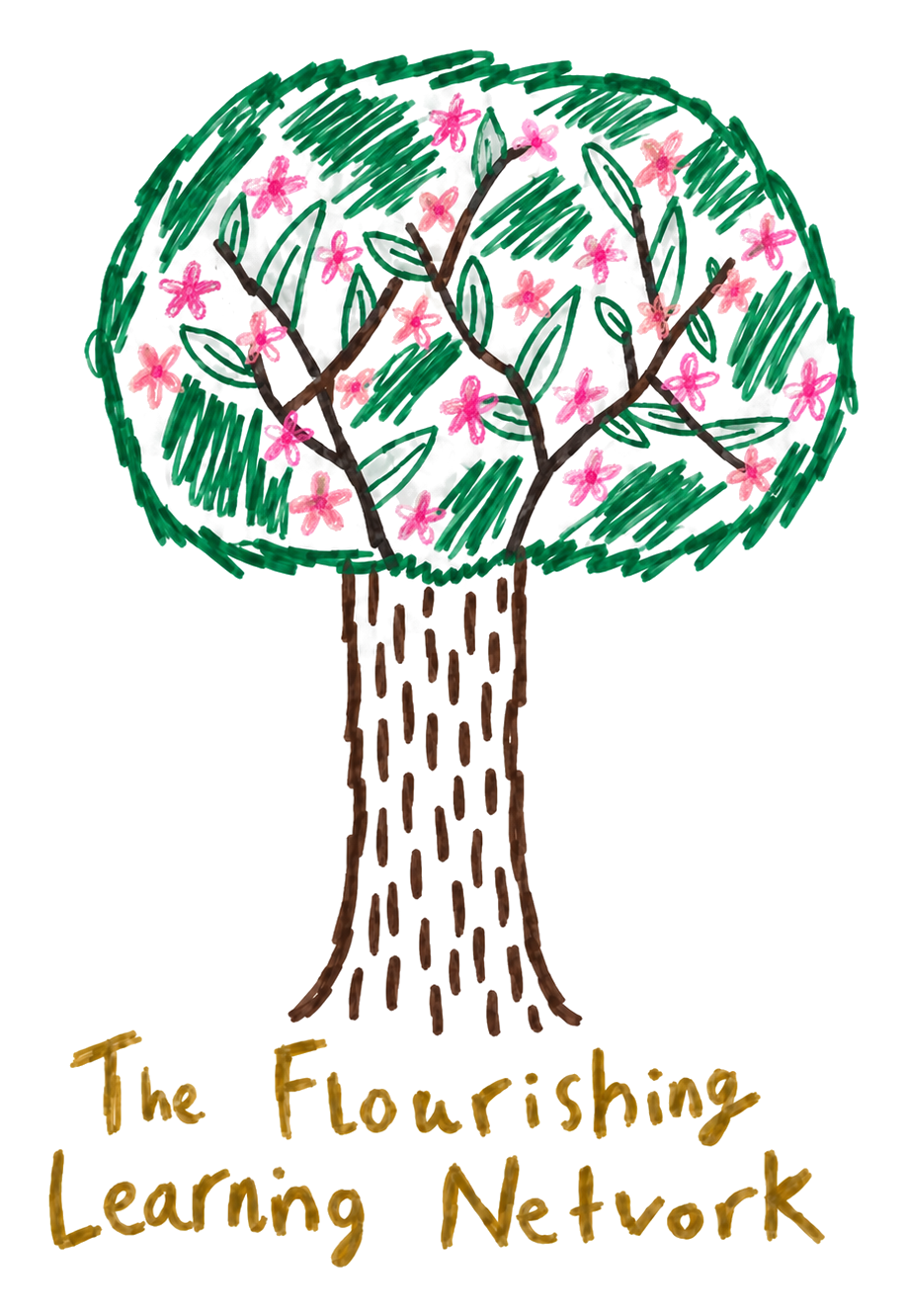 The Flourishing Learning Network: a hand-drawn tree with pink blossom